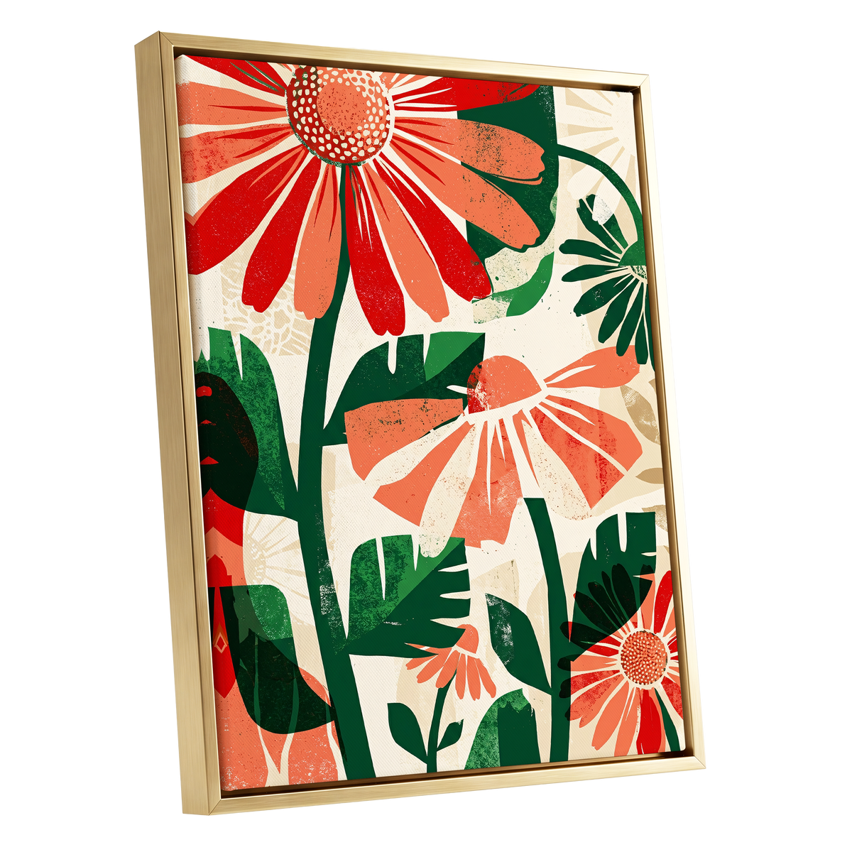Scarlet Garden Rhythm, red, green, beige floral wall art shown as a gold framed canvas wall art