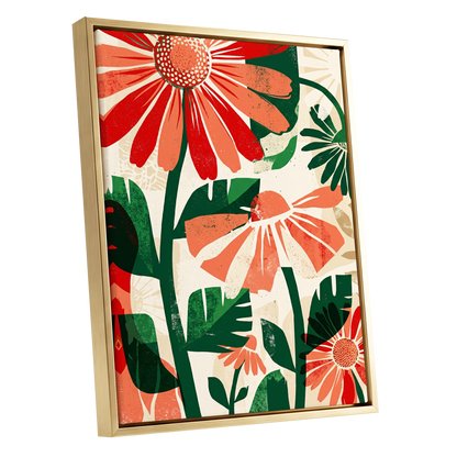 Scarlet Garden Rhythm, red, green, beige floral wall art shown as a gold framed canvas wall art