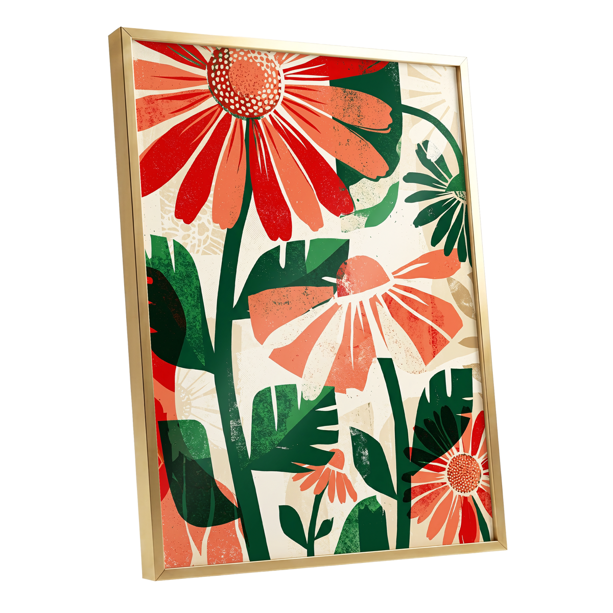 Scarlet Garden Rhythm, red, green, beige floral wall art shown as a gold framed poster wall art print