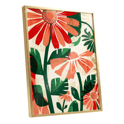 Scarlet Garden Rhythm, red, green, beige floral wall art shown as a gold framed poster wall art print