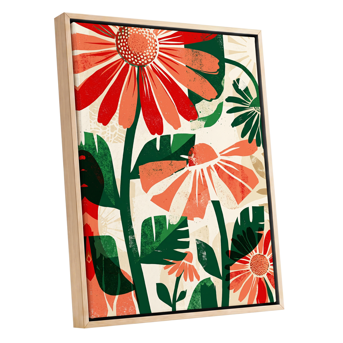 Scarlet Garden Rhythm, red, green, beige floral wall art shown as a oak framed canvas wall art