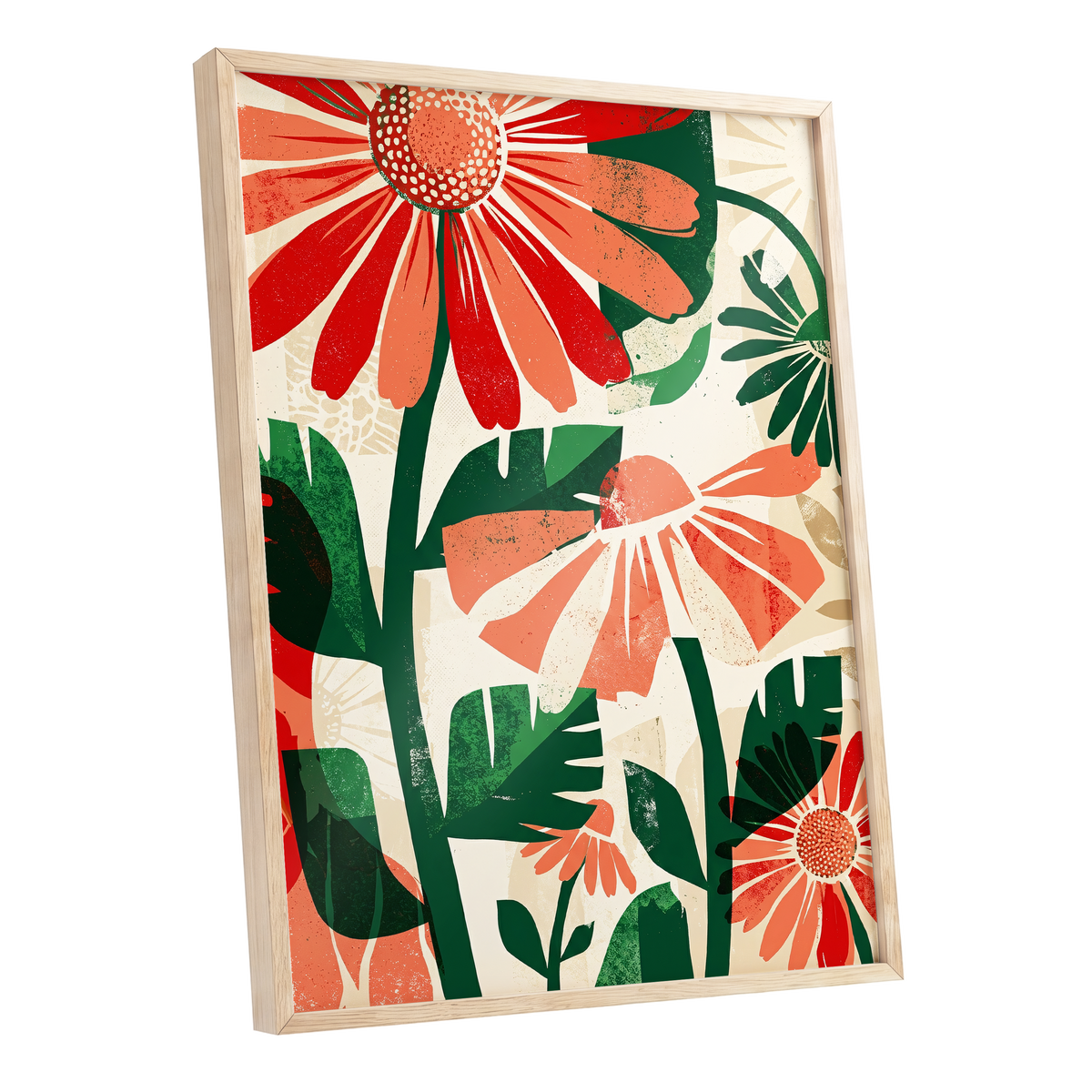 Scarlet Garden Rhythm, red, green, beige floral wall art shown as a oak framed poster wall art print