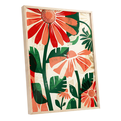 Scarlet Garden Rhythm, red, green, beige floral wall art shown as a oak framed poster wall art print