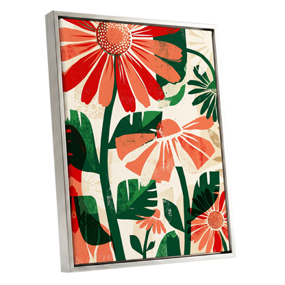 Scarlet Garden Rhythm, red, green, beige floral wall art shown as a silver framed canvas wall art