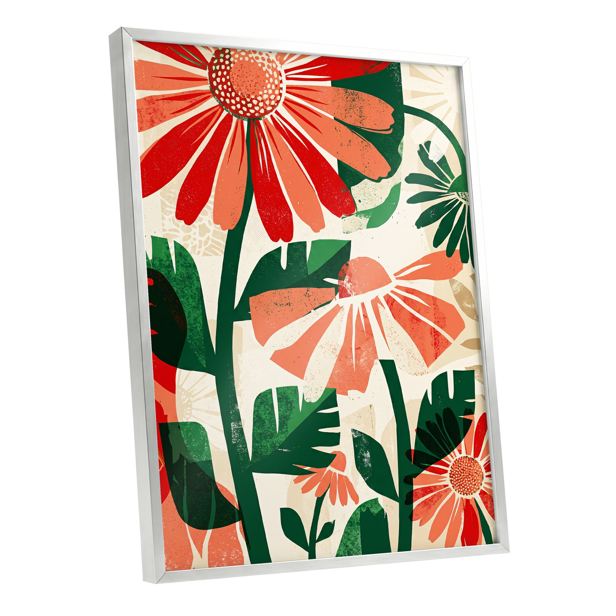 Scarlet Garden Rhythm, red, green, beige floral wall art shown as a silver framed poster wall art print