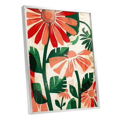Scarlet Garden Rhythm, red, green, beige floral wall art shown as a silver framed poster wall art print