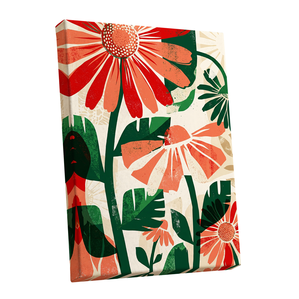 Scarlet Garden Rhythm, red, green, beige floral wall art shown as a stretched canvas wall art