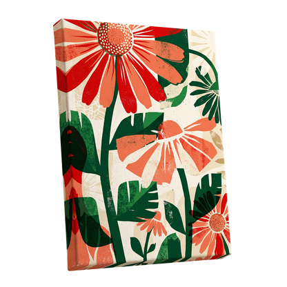 Scarlet Garden Rhythm, red, green, beige floral wall art shown as a stretched canvas wall art