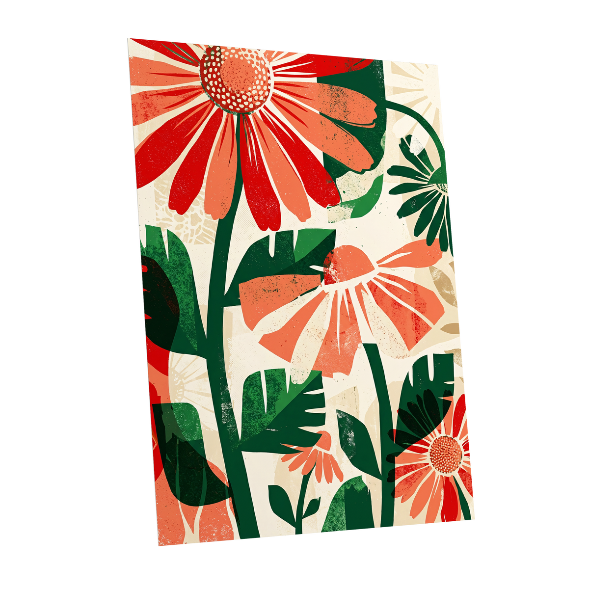 Scarlet Garden Rhythm, red, green, beige floral wall art shown as a unframed poster wall art print