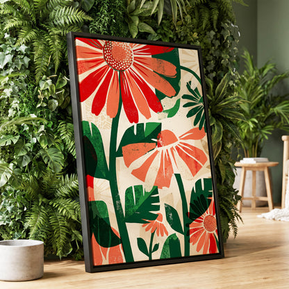 Scarlet Garden Rhythm, red, green, beige floral wall art displayed in a styled interior, gallery view 1