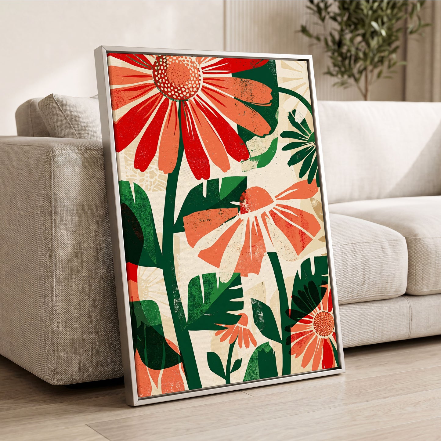 Scarlet Garden Rhythm, red, green, beige floral wall art displayed in a styled interior, gallery view 2