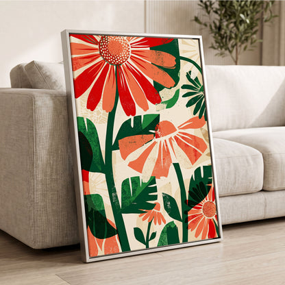 Scarlet Garden Rhythm, red, green, beige floral wall art displayed in a styled interior, gallery view 2
