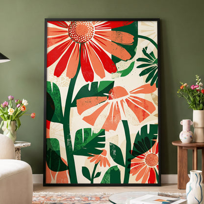 Scarlet Garden Rhythm, red, green, beige floral wall art displayed in a styled interior, gallery view 4