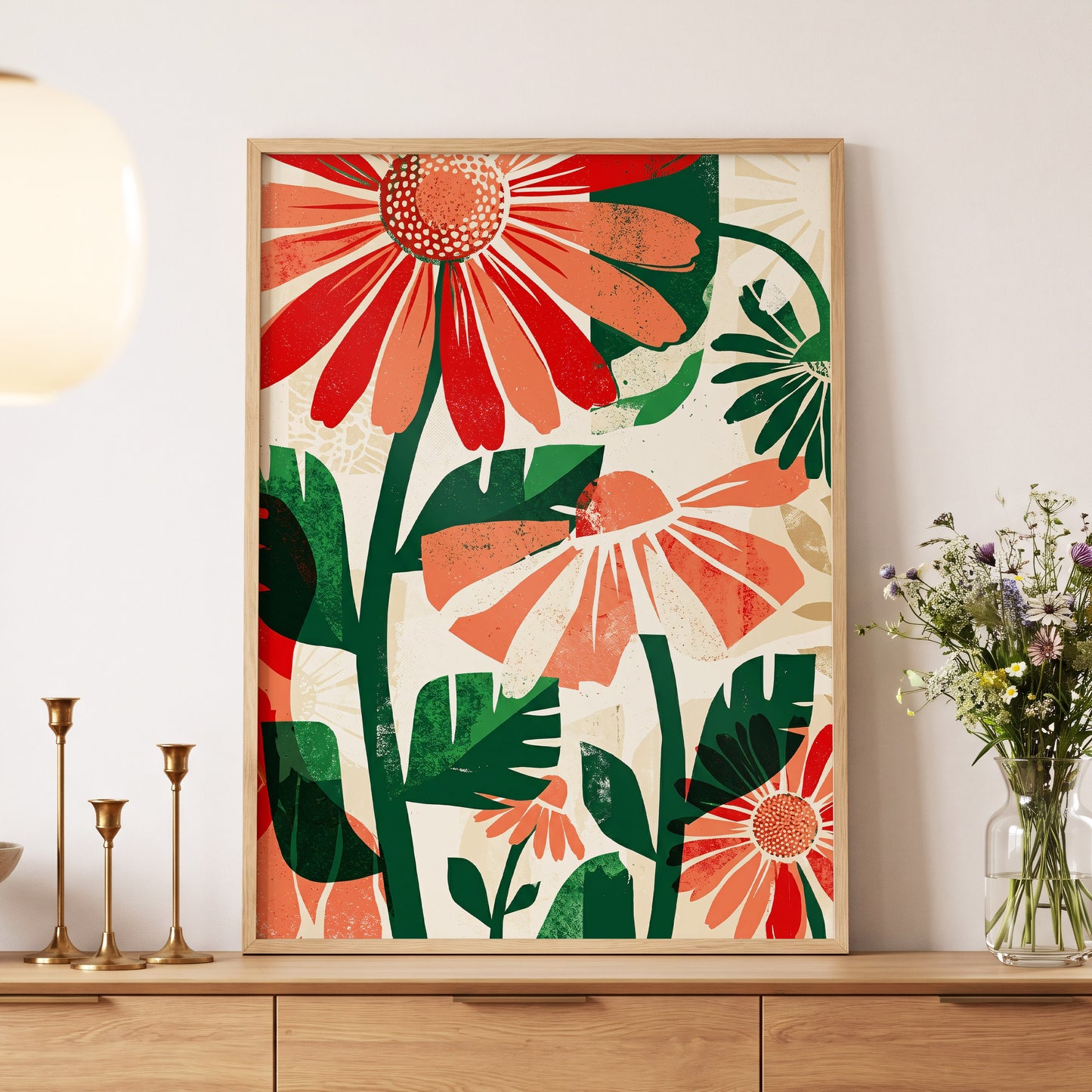 Scarlet Garden Rhythm, red, green, beige floral wall art displayed in a styled interior, gallery view 5