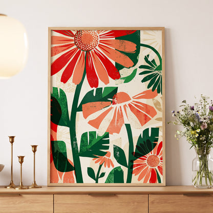 Scarlet Garden Rhythm, red, green, beige floral wall art displayed in a styled interior, gallery view 5