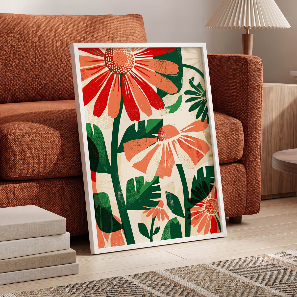 Scarlet Garden Rhythm, red, green, beige floral wall art displayed in a styled interior, gallery view 6