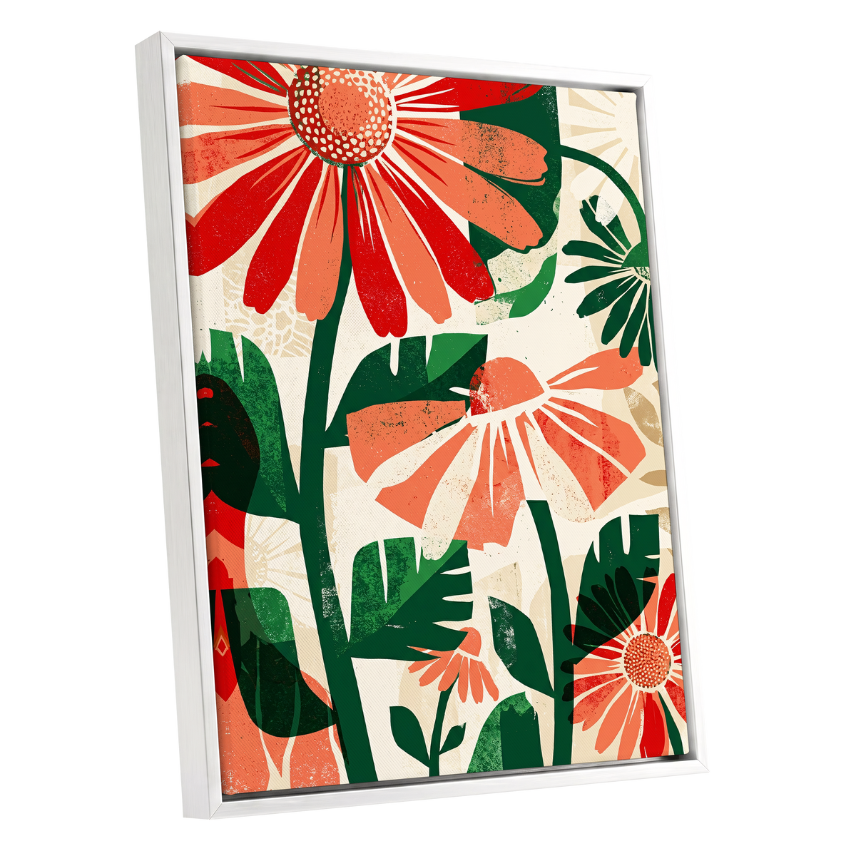 Scarlet Garden Rhythm, red, green, beige floral wall art shown as a white framed canvas wall art