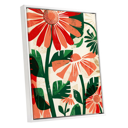 Scarlet Garden Rhythm, red, green, beige floral wall art shown as a white framed canvas wall art