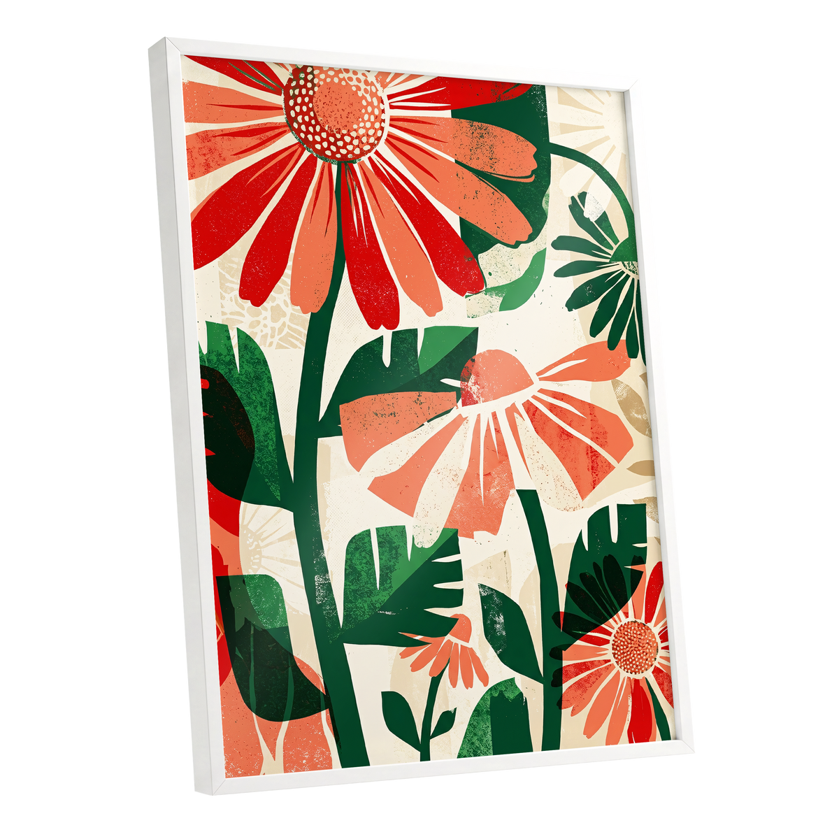 Scarlet Garden Rhythm, red, green, beige floral wall art shown as a white framed poster wall art print