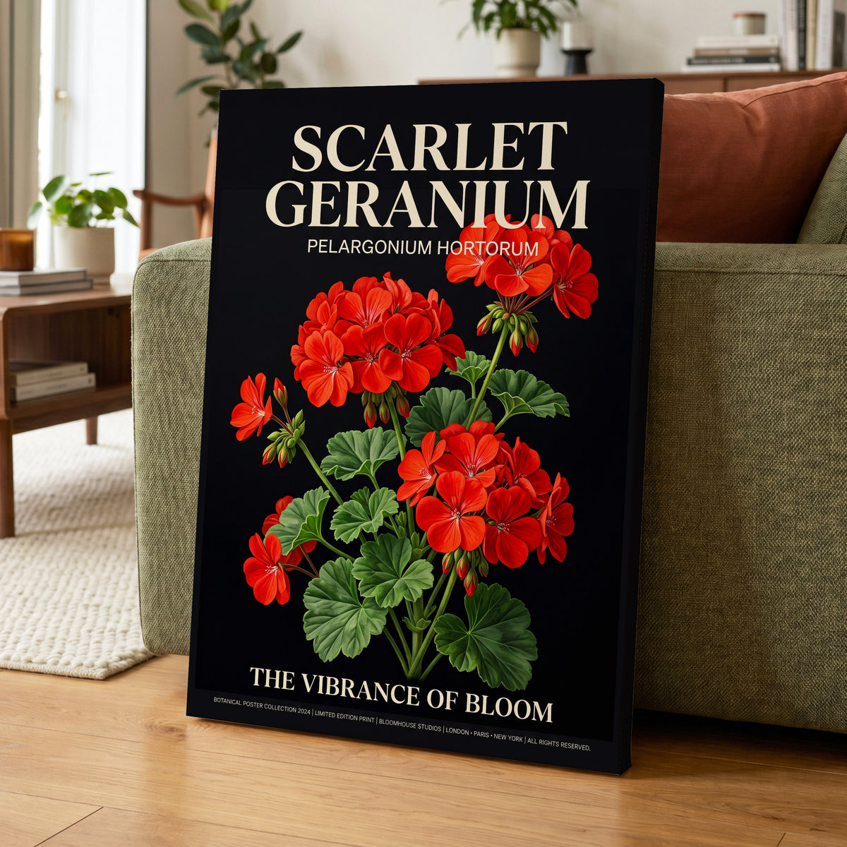 Scarlet Geranium Nocturne, black, green, red floral wall art on canvas displayed in a styled interior, gallery view 1