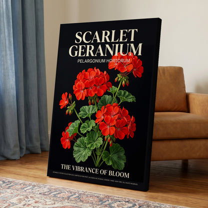 Scarlet Geranium Nocturne, black, green, red floral wall art on canvas displayed in a styled interior, gallery view 2
