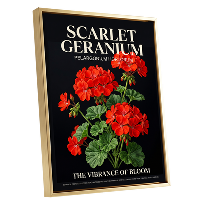 Scarlet Geranium Nocturne, black, green, red floral wall art shown as a gold framed canvas wall art