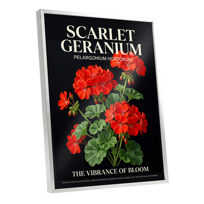 Scarlet Geranium Nocturne, black, green, red floral wall art shown as a silver framed poster wall art print