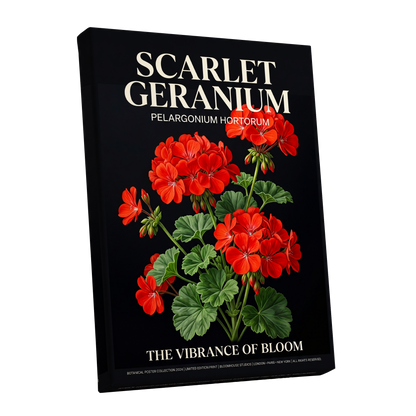 Scarlet Geranium Nocturne, black, green, red floral wall art shown as a stretched canvas wall art