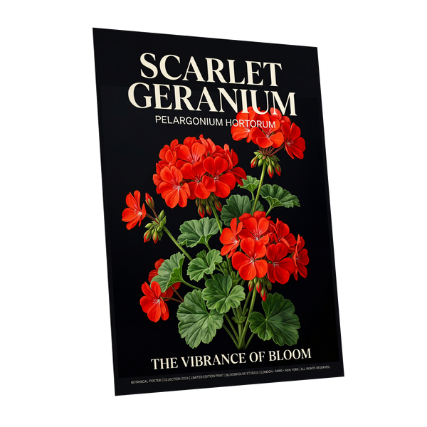 Scarlet Geranium Nocturne, black, green, red floral wall art shown as a unframed poster wall art print