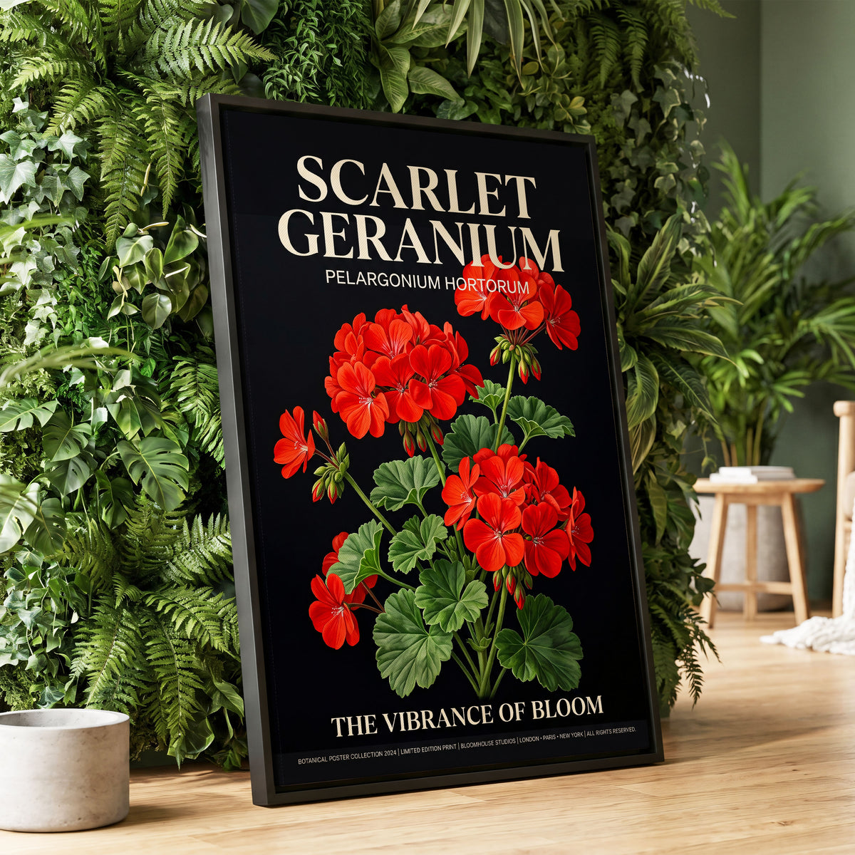 Scarlet Geranium Nocturne, black, green, red floral wall art displayed in a styled interior, gallery view 1