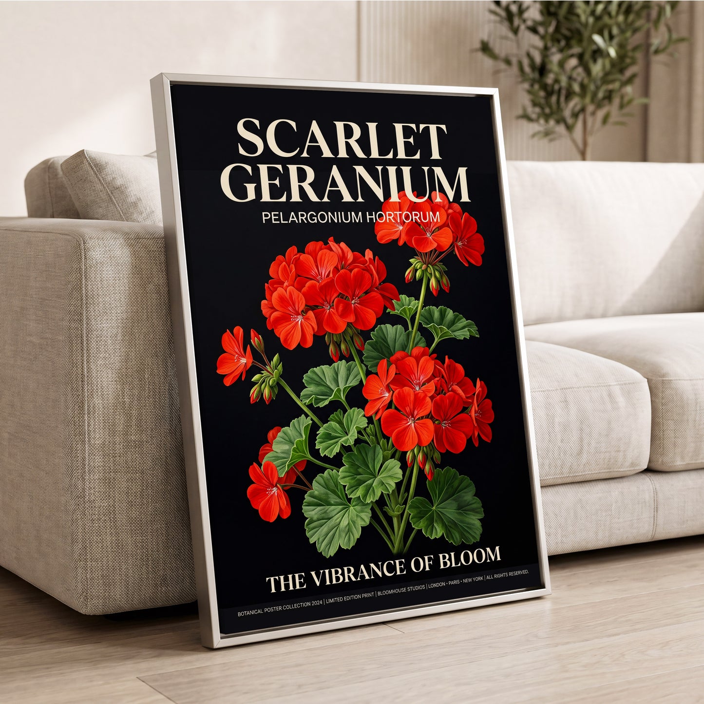 Scarlet Geranium Nocturne, black, green, red floral wall art displayed in a styled interior, gallery view 2
