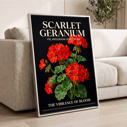 Scarlet Geranium Nocturne, black, green, red floral wall art displayed in a styled interior, gallery view 2