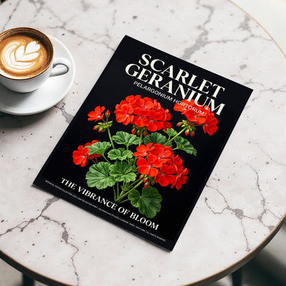 Scarlet Geranium Nocturne, black, green, red floral wall art displayed in a styled interior, gallery view 3