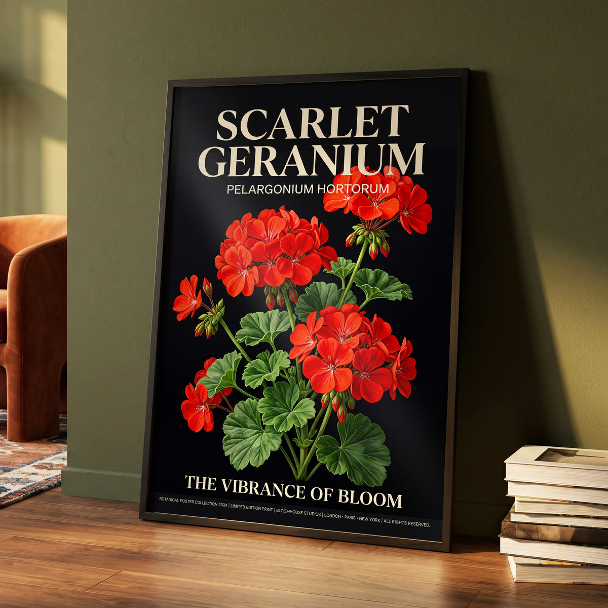 Scarlet Geranium Nocturne, black, green, red floral wall art displayed in a styled interior, gallery view 4