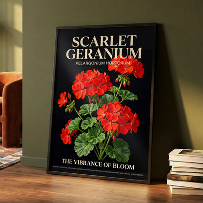 Scarlet Geranium Nocturne, black, green, red floral wall art displayed in a styled interior, gallery view 4