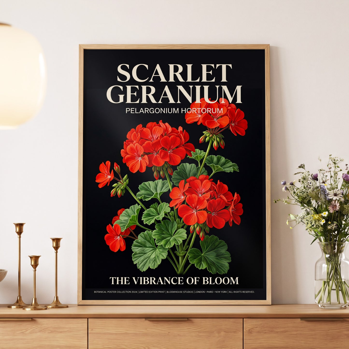 Scarlet Geranium Nocturne, black, green, red floral wall art displayed in a styled interior, gallery view 5