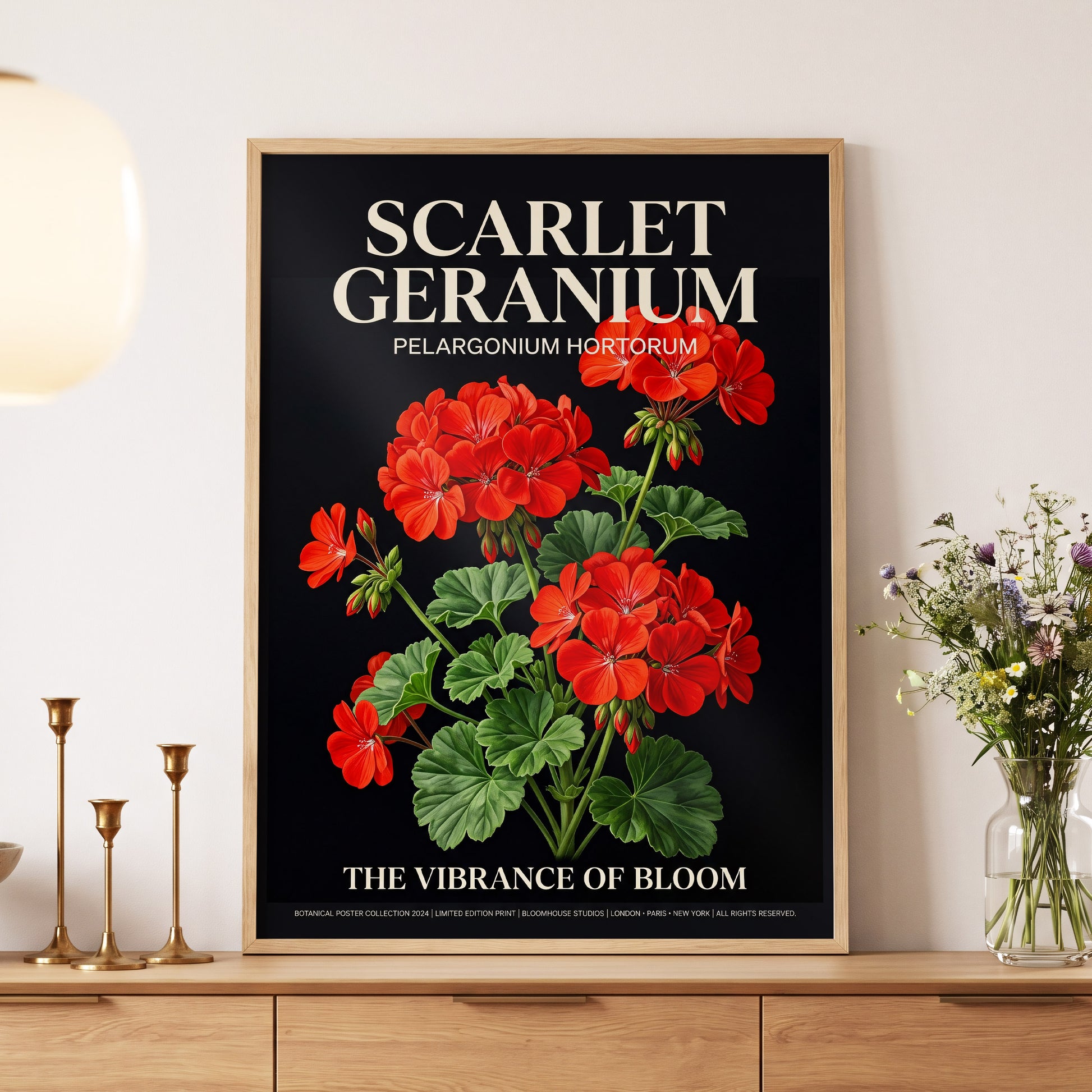Scarlet Geranium Nocturne, black, green, red floral wall art displayed in a styled interior, gallery view 5
