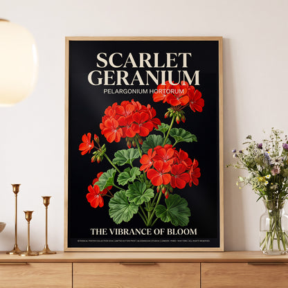 Scarlet Geranium Nocturne, black, green, red floral wall art displayed in a styled interior, gallery view 5