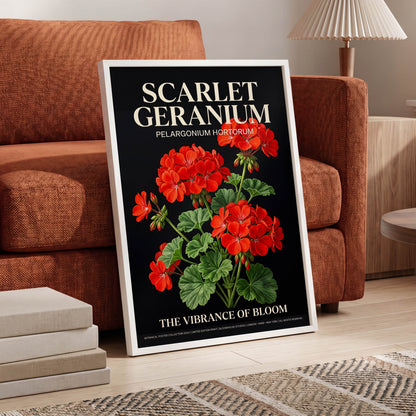 Scarlet Geranium Nocturne, black, green, red floral wall art displayed in a styled interior, gallery view 6