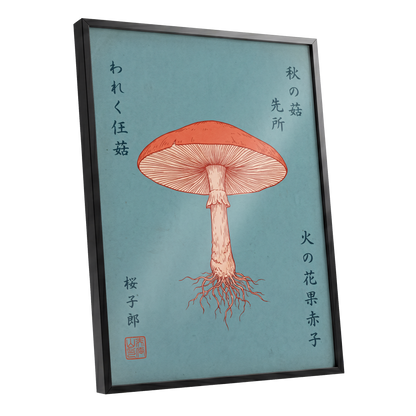 Scarlet Gills, blue, orange, beige nature wall art shown as a black framed poster wall art print