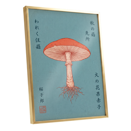 Scarlet Gills, blue, orange, beige nature wall art shown as a gold framed poster wall art print