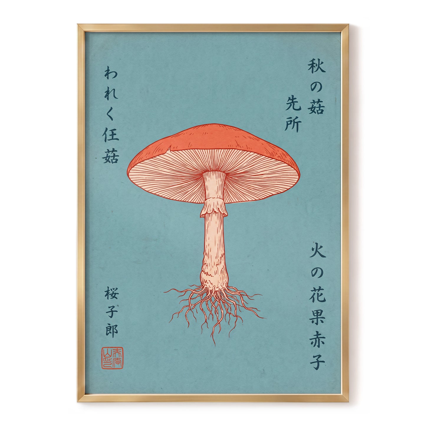 Scarlet Gills, blue, orange, beige nature wall art, front artwork view