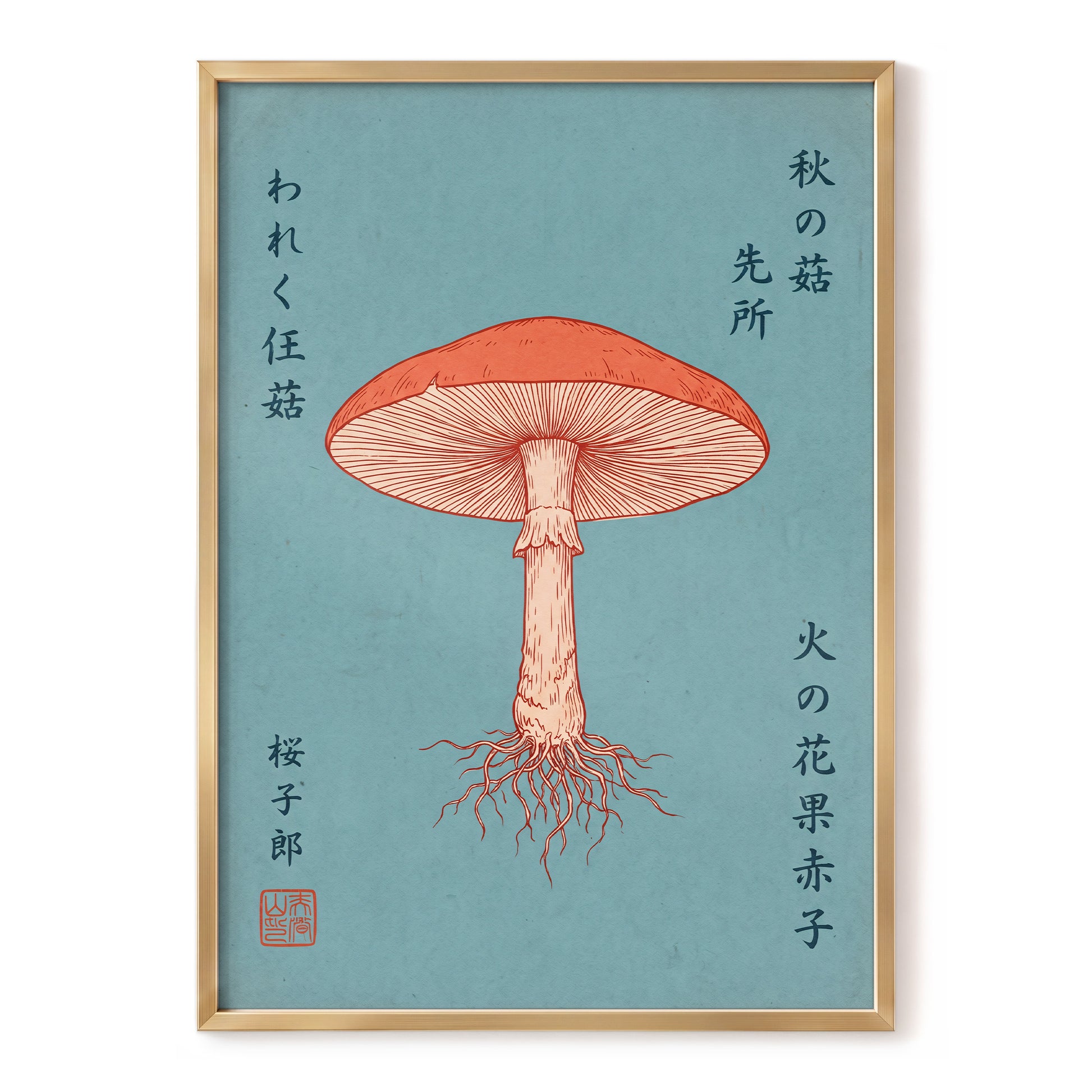 Scarlet Gills, blue, orange, beige nature wall art, front artwork view