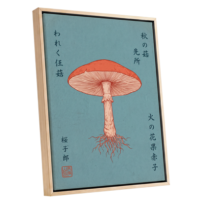 Scarlet Gills, blue, orange, beige nature wall art shown as a oak framed canvas wall art