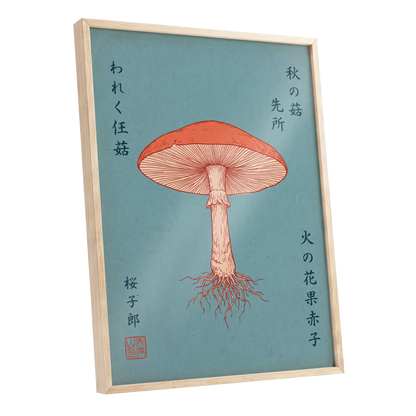 Scarlet Gills, blue, orange, beige nature wall art shown as a oak framed poster wall art print