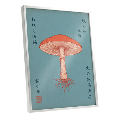 Scarlet Gills, blue, orange, beige nature wall art shown as a silver framed poster wall art print