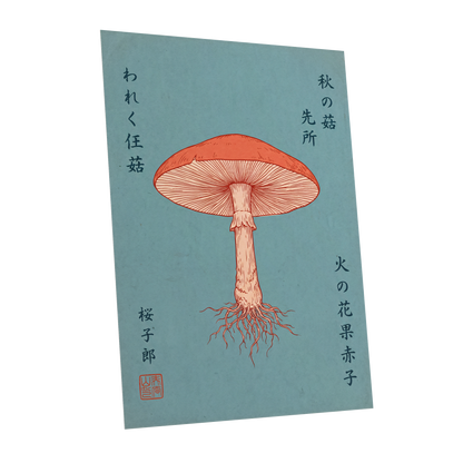 Scarlet Gills, blue, orange, beige nature wall art shown as a unframed poster wall art print