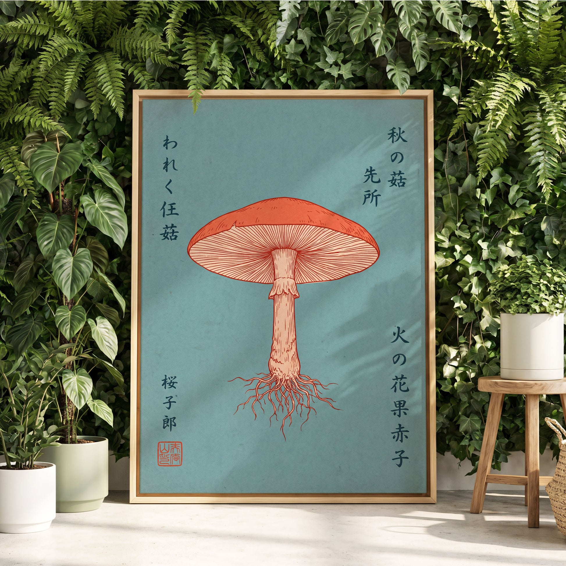 Scarlet Gills, blue, orange, beige nature wall art displayed in a styled interior, gallery view 4