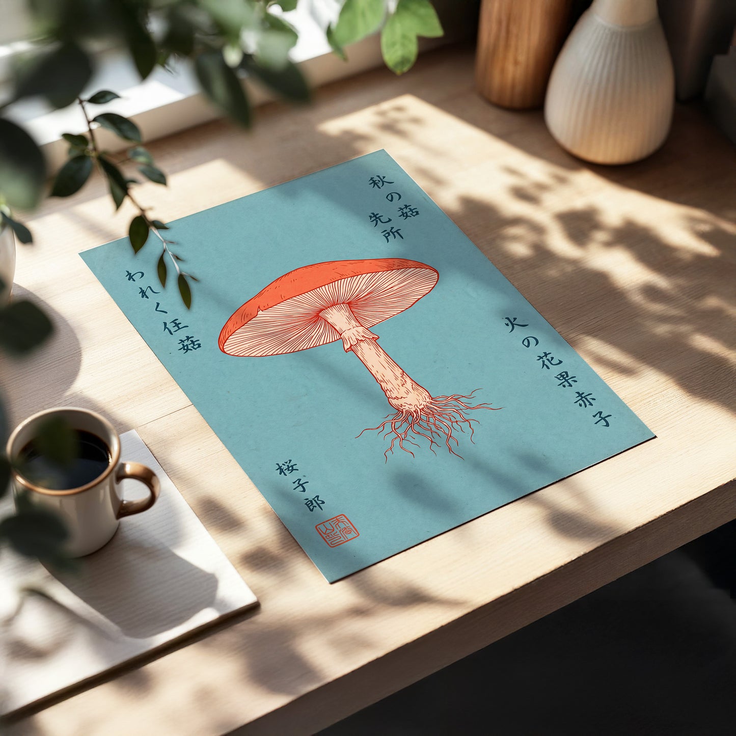 Scarlet Gills, blue, orange, beige nature wall art displayed in a styled interior, gallery view 5