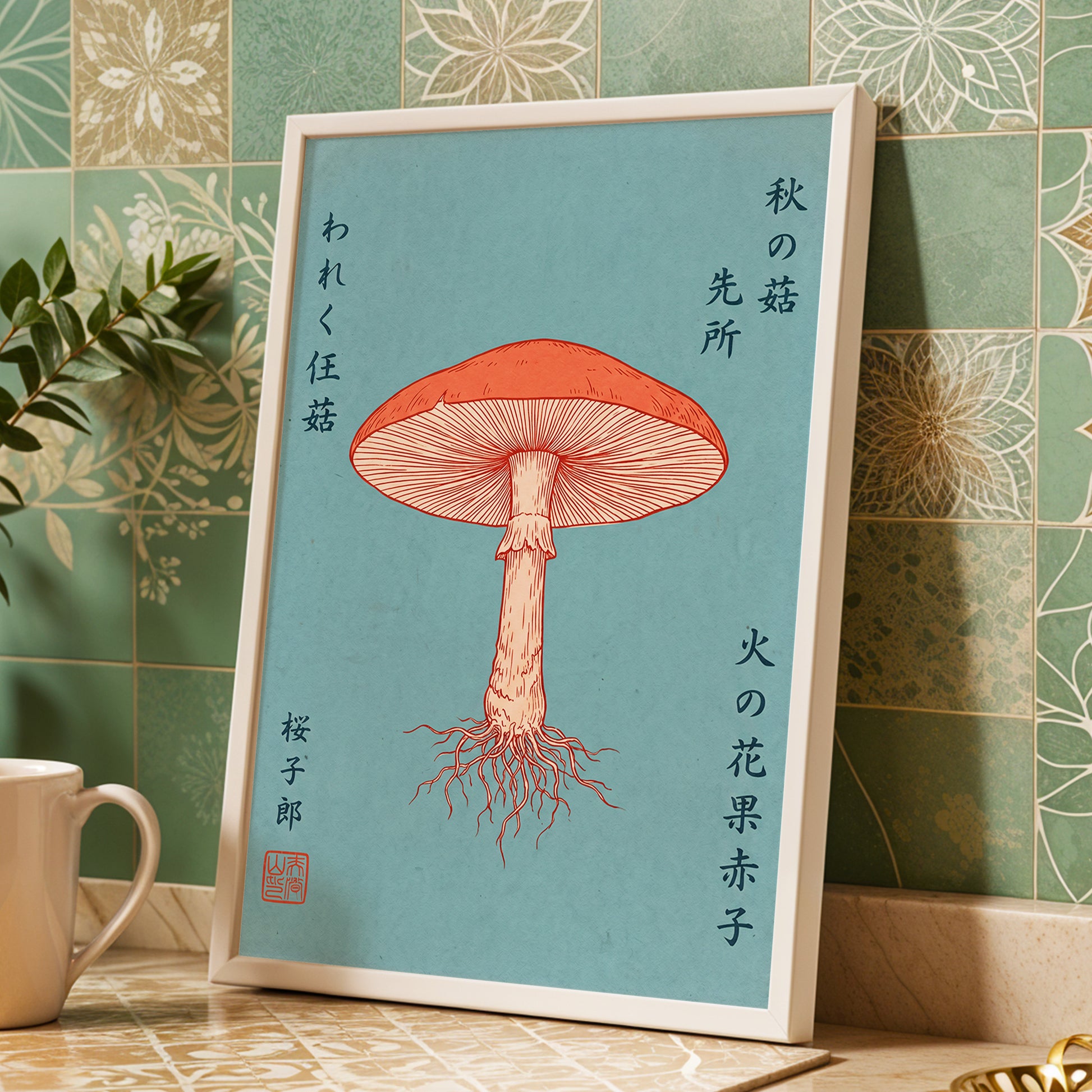Scarlet Gills, blue, orange, beige nature wall art displayed in a styled interior, gallery view 9
